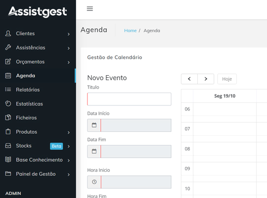 Agenda e calendário de equipa no Assistgest