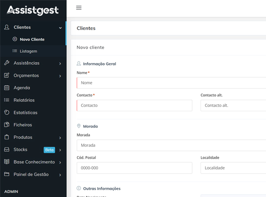 Ficha de cliente no Assistgest com histórico de assistências