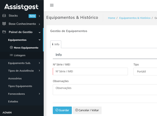 Registo de equipamentos e acessórios no Assistgest
