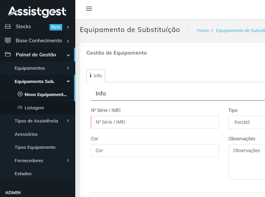 Controlo de equipamentos de substituição no Assistgest