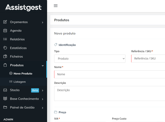 Catálogo de produtos e serviços no Assistgest