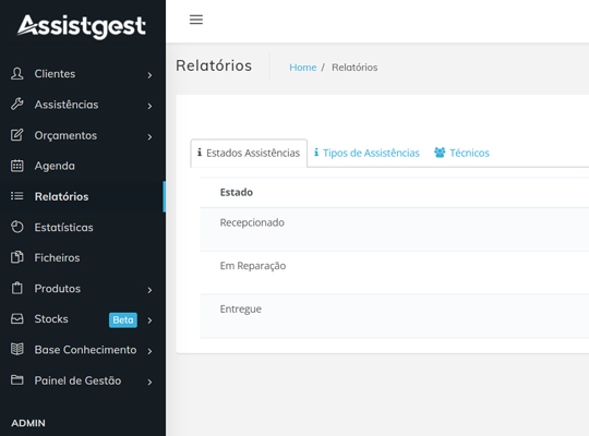 Relatórios de assistências técnicas no Assistgest